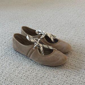 Zara Suede Tan Flats with Ribbon Detail